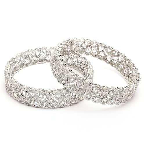 Image of ZENEME Rhodium Plated Silver Toned Teardrop Shaped White American Diamond Studded Bangles Set Of 2 For Women & Girls