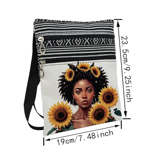 African American Messenger Bag Small Ethnic Pattern Printed Adjustable Strap Crossbody Zipper Pouch Sunflower Black Woman Phone Organizer Wallet Cute Shoulder Handbag for Black Women2
