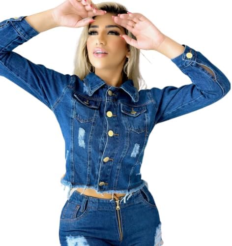 Jaqueta Jeans Feminina Azul Marinho Jeans Escuro Elegante e Casua...