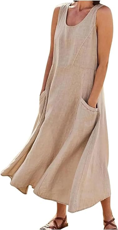 Image of Apvirdy Linen Dress for Women Summer Sleeveless Solid Casual Baggy Flowy Maxi Dresses with Pockets