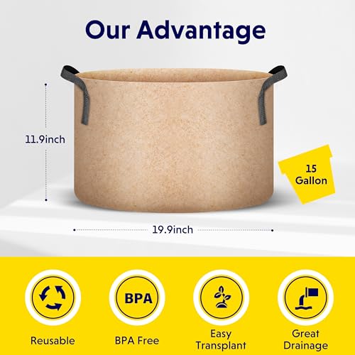 Image of iPower 5 Pack 15 Gallon Tan Grow Bags, Garden Planting Nonwoven Fabric Pots with Reinforced Handle, Heavy Duty and Aeration Planter Pot for Tomato, Fruits, Vegetables and Flowers