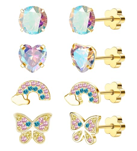 EQFE 4Pairs Hypoallergenic Earrings for Girls 14K Gold Flat...