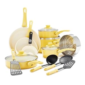 GreenLife Soft Grip Healthy Ceramic Nonstick 16 Piece Kitchen Cookware Pots and Frying Sauce Saute Pans Set, PFAS-Free with Kitchen Utensils and Lid, Dishwasher Safe, Yellow