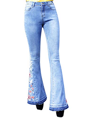 Women's Embroidered Bell Bottom Jeans Stretch Flared Fit Wide Leg Denim Pants2