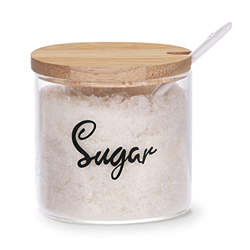 Clear Glass Sugar Bowl With Serving Spoon And Bamboo Lid, Farmhouse Kitchen Countertop Canisters, Container Jar Dispenser Holder For Home Kitchen,12 Oz #TOP6