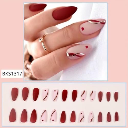 Image of Red Press on Nails Heart Fake Nails Medium Almond False Nail with Line Design Nude Pink Glue on Nails Glossy Acrylic Nail Full Cover Stick on Nail for Women Manicure Valentine's Day Manicure