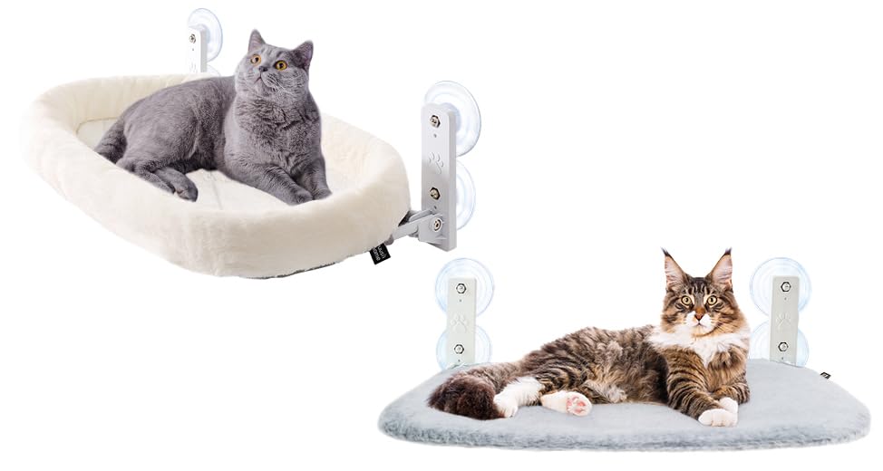 SunhooCat Window Cushion Perch Hammock(cushion/white) with Kitten Window Sill Seat(plush+mesh/grey) Cordless Lounger Shelves with 4 Sturdy Suction Cups for Large Cats Napping Metal Frame 20.5*11.8in