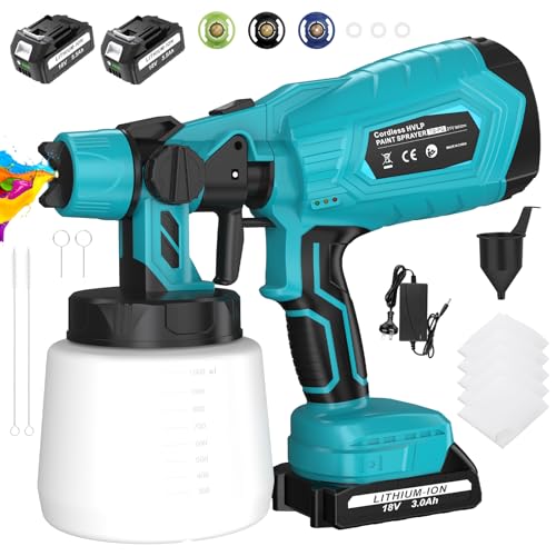 ARyee Cordless Paint Sprayer, 18V with 1000ML Container, 2 Batteries, 3 Nozzles, 36000RPM High Power Motor, Multiple Spray Patterns for House and Furniture Painting