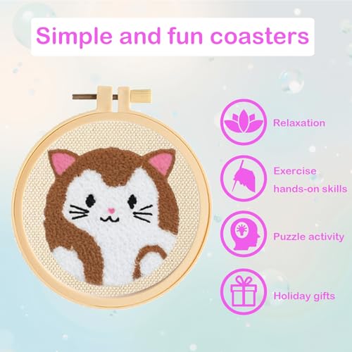 Image of 57lilina 6pcs Coaster Punch Needle Kit for Beginners & Adults, Animal Cat | Complete Step-by-Step Guide Make Punch Stitching Embroidery Art Drink Coasters, Easy DIY Hobby Craft Set for Women Starter