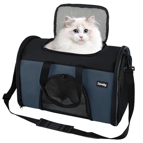 Zavothy Borsa per il trasporto per gatti e cani, borsa per il trasporto, traspirante e pieghevole, trasportino per gatti con tracolla regolabile, materasso in peluche rimovibile (blu scuro, S)