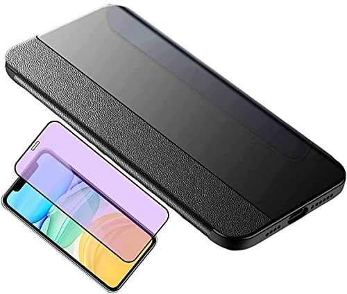 Étui en cuir véritable pour iPhone 13 avec clapet Clear View élégant