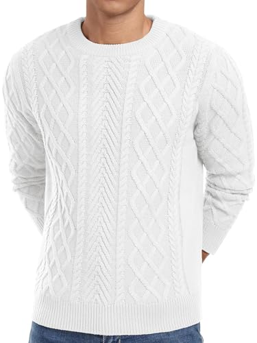 QIXING Maglioni da Uomo Stile Pescatore con Trama a Cavo, Girocollo, Maglioni Casual a Maniche Lunghe per Uomo UK, Morbidi Maglioni in Maglia con Bordo a Costine, bianco, L