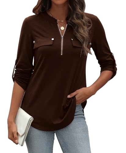 Image of LuckyMore Women's 3 /4 Sleeve Tops Cuffed Zip V Neck Business Casual Work Blouses Tunic Shirts