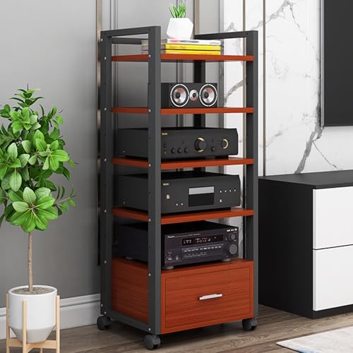 Regulowana, 4-Poziomowa Szafka Na Sprzęt Audio Z Kółkami I Szufladami, Szafka Na Sprzęt Multimedialny, Gramofon, Konsolę Do Gier, Odtwarzacz Dvd I Projektor – Metal I Drewno