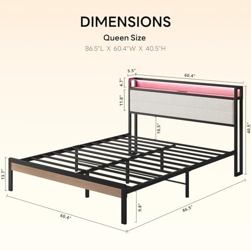 Image of LIKIMIO Queen Bed Frame with Storage Headboard and LED Lights, Metal Platform Bed with Charging Station, Noise Free, No Box Spring Needed, Under Bed Storage, Natural and Cream