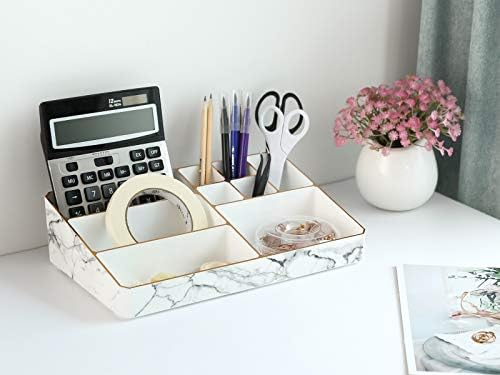 Lewondr Makeup Organizer, 9-Compartments Cosmetic Storage Display Case with Unique Gold-stamping Edges, Marble Makeup Accessories Storage Box Stand for Lipstick, Brushes, 12" x 7.6"(19 x 31 cm)