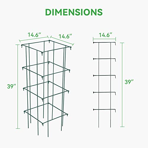 Growneer 3 Pack Square Tomato Cages For Garden, 39 Inches Heavy Duty Metal Folding Plant Support Stake Tower With 328Ft Twist Ties, Garden Trellis For Tomato Cucumber Eggplants Climbing Plants, Green #TOP4