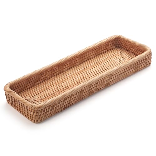 Rattan Badezimmer Eitelkeit Tabletts Toilettenbehälter Korb Aufbewahrung Lange Schmale Handtuch Aufbewahrungskorb für Lagerung, Dekorativ (Natürliche 41.5 x 15.5 x 5cm)
