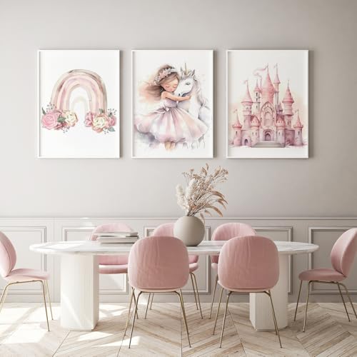 Zamety Bilder Kinderzimmer Deko, Kinderzimmer Deko Mädchen Prinzessin Einhorn Schloss und Regenbogen, Rosa 3-teiliges Set Poster 30x40, Wandbilder Rosa Für Kleine Mädchen, Ohne Rahmen