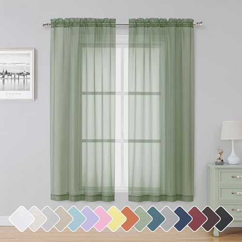 Image of Simplebrand Sage Sheer Curtains 63 Inch Length 2 Panels, Rod Pocket Solid Color Window Sheer Curtain Panels, Elegant Curtains & Drapes for Living Room, Bedroom 2 Panels (Sage, 42 inch W x 63 inch L)