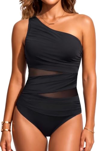 Image of Womens One Shoulder One Piece Swimsuit Mesh Ruched Tummy Control Swimwear