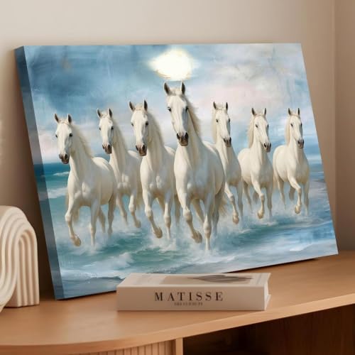 Image of PAINTINGMANTRA 7 White Running Horses Canvas Wall Art Painting For Living Room|Seven Running Horses Vastu Feng Shui Stretched Canvas Painting For Bed Room, Home & Office, 22x34 Inch