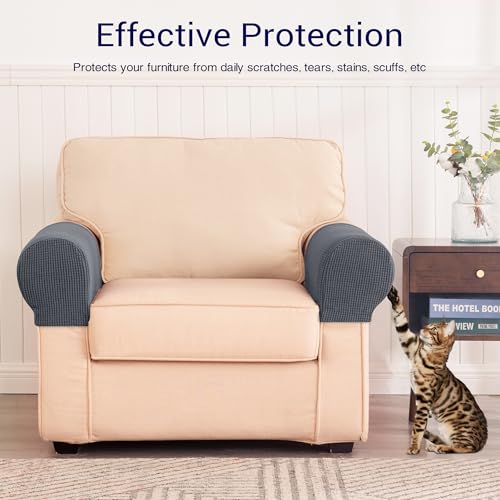 SUBRTEX Stretch Couch Arm Covers Set of 2, Checkered Sofa Arm Slipcovers, Anti-Slip Armrest Covers for Recliner and Armchairs, Pet Proof, High Stretchy, Hook & Loop Tape, Gray