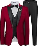 MAGE MALE Mens Velvet Suits Slim Fit Peak Lapel Tuxedo 3 Piece One Button Prom Party Banquet Blazer Vest Pants Set with Brooch Red