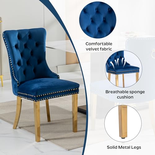 Image of 5-Piece Dining Table Set with 39In Tempered Glass Table and 4 Velvet Upholstered Chairs, Modern Scandinavian Furniture for Dining Room Kitchen(Blue&Gold)