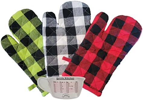 Buffalo Check Kitchen Oven Mitts, Classic Farmhouse Rustic Oven Mitt Set, 3 Piece, 1 - Red, 1 - Green, 1 - Black Oven Mitt and 1 BAMD Kitchen Conversion Magnet.