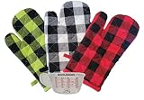 Buffalo Check Kitchen Oven Mitts, Classic Farmhouse Rustic Oven Mitt Set, 3 Piece, 1 - Red, 1 - Gree