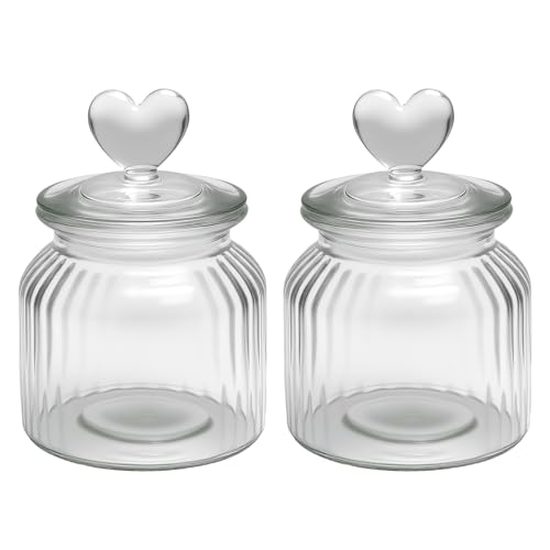 Set de 2 Tarros de Cristal 650ml con Tapa Hermética y Forma de Corazón – Tarro de Cristal Vintage Transparente para Caramelos, Galletas, Dulces – Tarro Decorativo Cocina, Candy Bar, Regalo Original