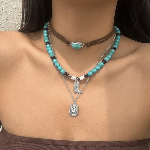 Meztole Layered Western Cowgirl Necklaces for Women Vintage Rodeo Turquoise Beaded Chain Cowboy Hat Western Jewelry Set for Country Cowgirl Outfit Accessories (1) by Meztole - Used condition - Image 6