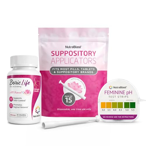 NutraBlast Boric Acid Suppositories 600mg (30 Count) Bundle with Disposable Suppository Applicators (15-Pack) and Feminine pH Test Strips 3.0-5.5 (100 Tests Roll)