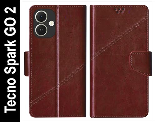 Image of SBMS Flip Cover for Tecno Spark GO 2 Back Cover Case with Magnatic Closure | Inbuilt Stand | Card & Money Pocket (Coffe Brown)