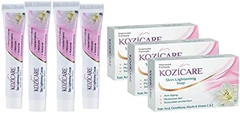 Kozicare Kojic Acid, Vitamin E, Arbutin Skin Whitening Soap, 75g (Pack Of 3) & Kojic Acid, Arbutin, Glutathione Skin Whitening & Lightening Cream, 15g (Pack Of 4)