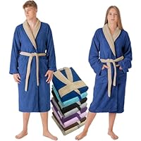 LEBENGOOD Peignoir de bain pour homme 100% coton éponge américain 450 g/m² doux absorbant unisexe vec ceinture poches douche peignoir doux serviette OEKO-TEX L NAVY