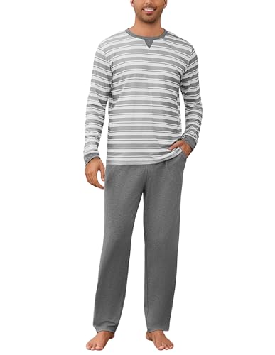 Bresdk Pijama Hombre Largo Ropa de Dormir a Rayas Cuello Redondo Conjunto de Pijamas Hombre Manga Larga y Pantalones con Bolsillo Gris L