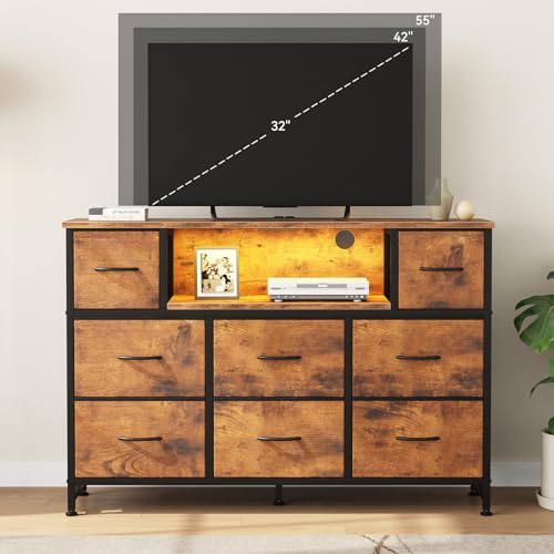 Image of DUMOS TV Stand Dresser with 8 Fabric Drawers and Open Shelves, LED Entertainment Center with Charging Station, Wood Top Media Console for 45-55 inch, Bedroom, Rustic Brown