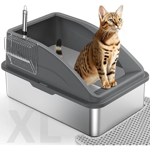 Stainless Steel Cat Litter Box, Extra Large Litter Boxes for Big Cats, Anti-Urine Leakage XL Litter Box with High Sides, Xlarge Metal Litter Box with Lid, Easy Clean, Non-Sticky, Cat Mat & Metal Scoop Cover