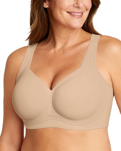 OEAK Womens Wireless Jelly Bra Plus Size Supportive Seamless Bras Full Coverage Push Up Comfortable No Underwire Tshirt Bras Semolina M