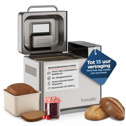 Fornello Broodbakmachine met Keramische Bakvorm | Geen Gat in het Brood | 19 Programma’s incl. Glutenvrij & Zuurdesem | Met Receptenboek, Timer & Notenautomaat