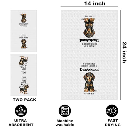 Image of 2 Pcs Funny Dachshund Kitchen Towels 24x14 Inch, Dachshund Gifts Reusable Dish Towels for Kitchen Bathroom Decor, Waffle Weave Absorbent Hand Cloth Tea Towel, Weiner Dog Gifts for Women Mom Friend