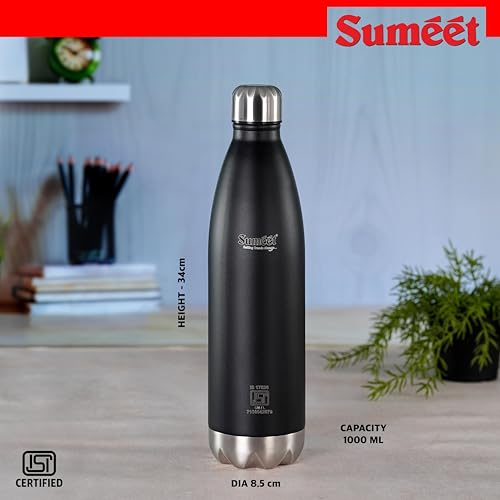 Image of Sumeet Thermo1000 ISI Certified Stainless Steel Hot & Cold Double Walled Leak Proof Vacuum Flask /Water Bottle for Office /School /College /Gym /Picnic /Home /Trekking- 1000ml, Black