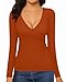 MANGOPOP Women's Cross Wrap Ruched Plunge Sexy Deep V Neck Slim Fit Long Sleeve T Shirt Tunic Tops Tee Burnt Orange