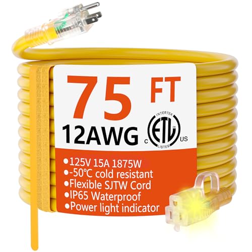 HUANCHAIN 12/3 Gauge Heavy Duty Outdoor Extension Cord 75 ft Waterproof with Lighted end, Flexible...
