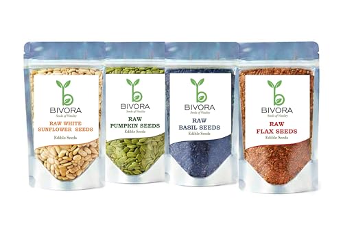Image of BIVORA 4 Seed Combo 1kg (250g x 4) | Pumpkin Seeds, Sunflower, Flax & Sabja Basil | Raw Edible Mixed Seeds Pack for Salads, Smoothies & Recipes