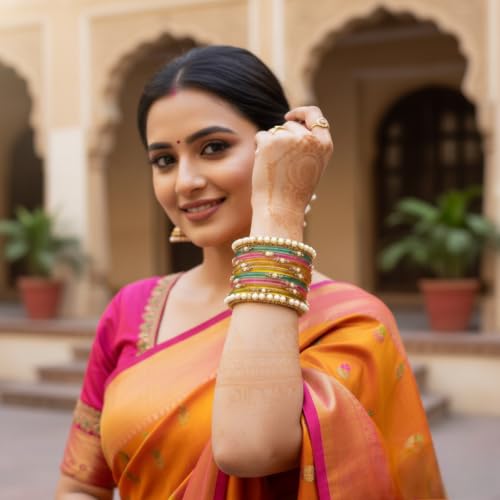 Image of SUNDRAM Women's Premium Fancy Glass Bangles for Women & Girls |with Zircon Gemstone Work & Charm| Traditional Ethnic Bangles Set of 12