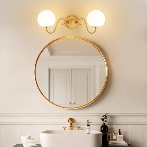 Image of Vintage Brushed Gold Bathroom Vanity Light Fixtures Over Mirror 2 Lights