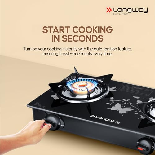 Image of Longway Astra Glass Top, 2 Burner Auto Ignition Glass Gas Stove (Black, ISI Certified, 2 Year Warranty)